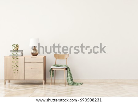 Cozy, warm living room interior with chair, plaid, chest of drawers, lamp and plant on clean beige wall background.3D rendering.