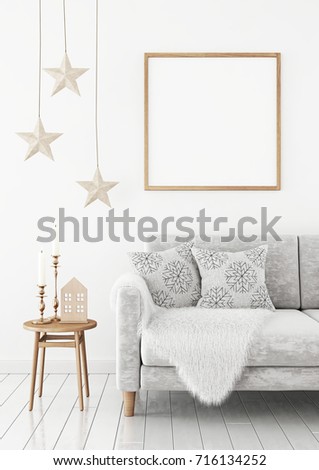 Square poster mock up with wooden frame on the wall in christmas livingroom interior. 3D rendering.