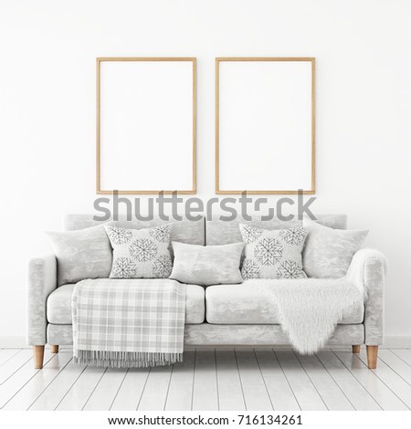 Interior poster mock up with two frames on the wall above velvet sofa with pillows and plaid. 3D rendering.