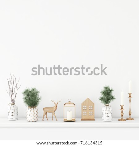Empty white wall mock up with pine branches in vases, wooden deer, candles and lantern. 3D rendering.