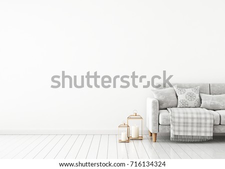 Interior wall mock up with velvet sofa, pillows, plaid and lanterns on empty white background. 3D rendering.