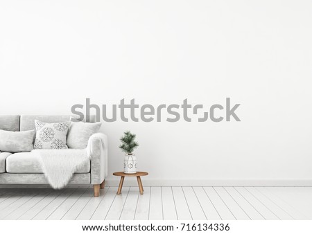Interior wall mock up with velvet sofa, pillows, plaid and pine branch in vase on empty white background. 3D rendering.