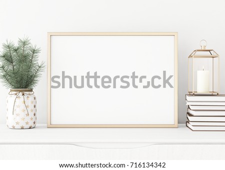 Horizontal poster mock up with golden frame, lantern, pile of books and pine branches in vase on white wall background. 3D rendering.