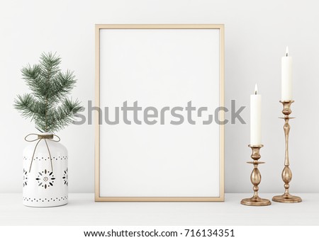 Vertical poster mock up with golden frame, candles and pine branch in vase on white wall background. 3D rendering.