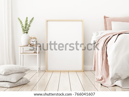 Interior poster mock up with vertical frame on the floor in home bedroom interior. 3D rendering.