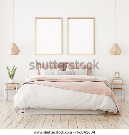 Interior poster mock up with two vertical frames on the wall in home bedroom interior. 3D rendering.