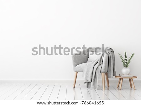 Livingroom interior wall mock up with gray velvet armchair, cushion, plaid and plant in vase on empty white background. 3D rendering.