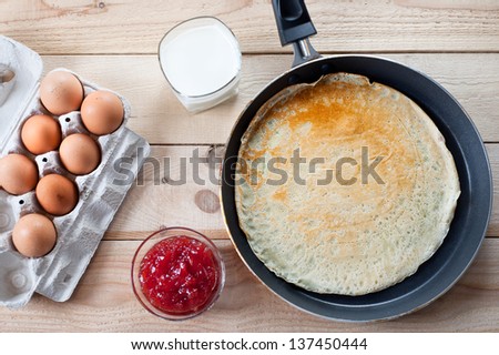 Photo of a pancakes with eggs and jam