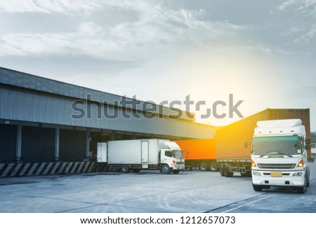 Freight transportation. truck in warehouse distribution center.