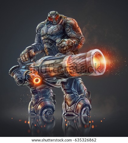 Alien cyborg transformer holding fiery gun concept illustration