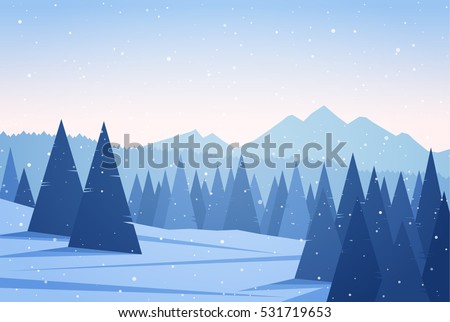 Vector illustration: Winter Mountains landscape with pine forest. Christmas background