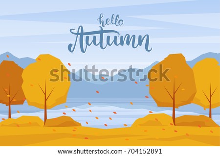 Vector illustration: Autumn landscape with mountains lake, trees and fall  leaves