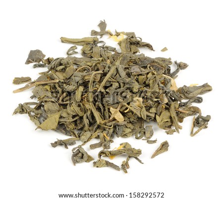 Dried Green Tea Leaves Isolated on White Background