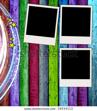 Three Blank Photos on Wooden Background. . A great frame for your images. Please visit my portfolio for more.