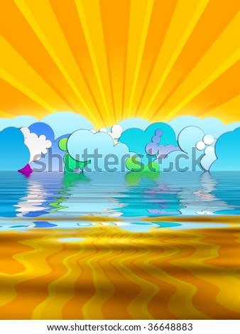 cartoon sun and clouds. Sun Rays And Cartoon Clouds