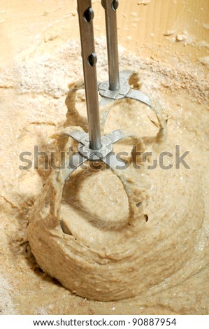 BATTER MADE WITH RYE FLOUR BEING MIXED WITH MIXER