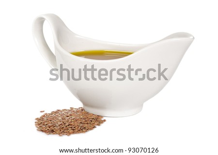 Flaxseed (Linseed) Oil and Flax Seeds Isolated on White Background