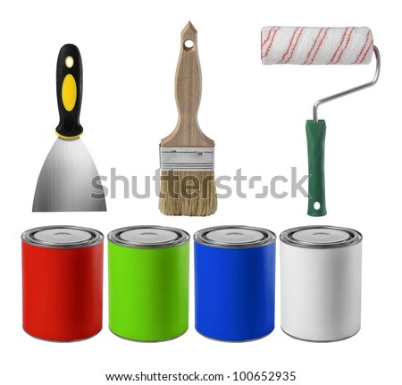 paint brush and paint roll and paint can totally isolated on white background