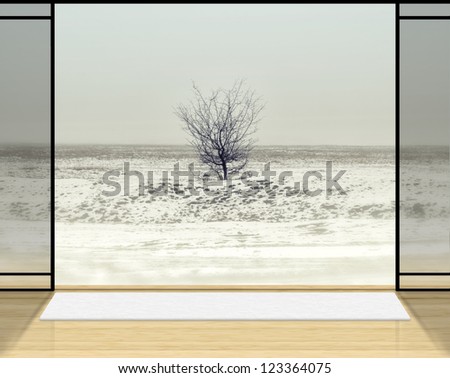 Digital background for studio photographers. Zen room with Lonely tree in fog background.