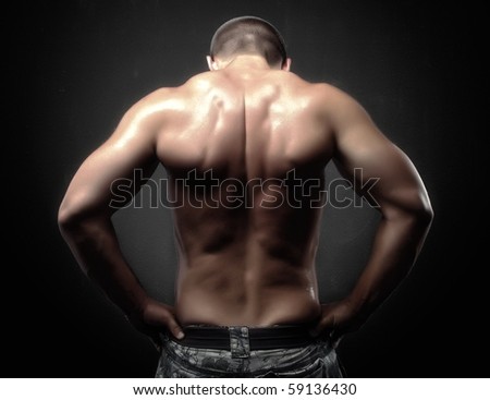 stock photo Body building powerful muscular man lifting weights