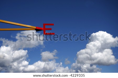 E is for east. A red letter for the direction its pointing.  Beautiful blue sky with clouds in the background.  There several in this series for the 4 directions (North, South, East, and West)
