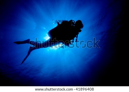 Scuba diver in blue water