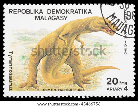 MADAGASCAR - CIRCA 1988: A stamp printed in Madagascar shows animal Tyrannosaurus,  circa 1988