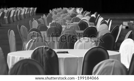An empty cafeteria interior shot. tables formally set