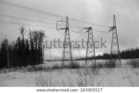 High-voltage transmission lines.\
black and white photo