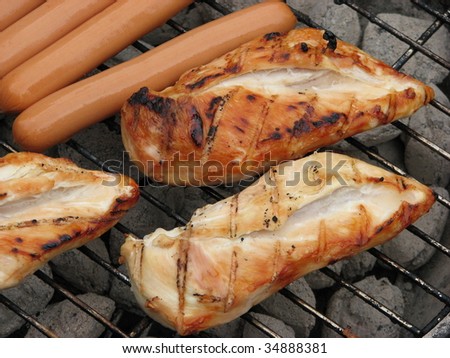Hog Dogs and Chicken on Grill