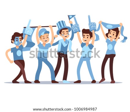 Cheering sports fans vector cartoon people characters. Sports team victory concept. Cheerful people support soccer team illustration