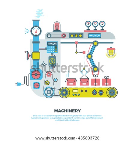 Robotic industrial abstract machine, machinery in vector flat style. Industrial machinery robot illustration and conveyor machinery technology
