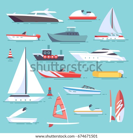 Sea boats and little fishing ships. Sailboats flat vector icons. Set of water transport boat and vessel, tugboat and motorboat illustration