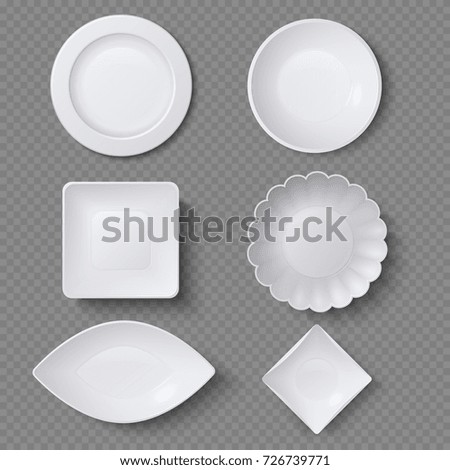 Different shapes of realistic food plates, dishes and bowls vector set. Plate dish for restaurant, empty utensil and dishware illustration