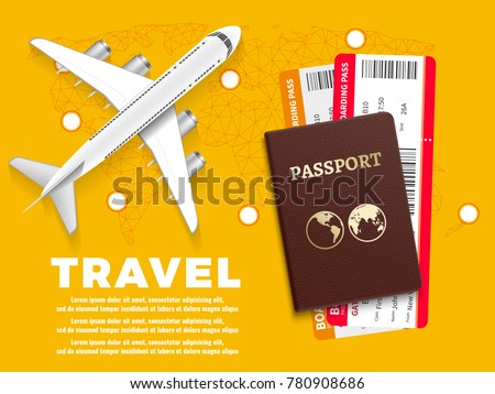 Air travel banner with plane world map and passport - vacation concept design. Banner with airplane and vacation tickets. Vector illustration