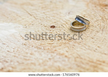 Wedding rings with inscriptions on cut wood