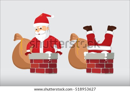 Santa Claus Stuck In The Chimney Isolate. Christmas Cartoon Vector Illustration.