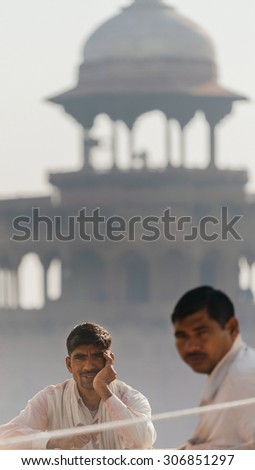 JAIPUR, INDIA-MARCH 04 :men preparing for religious celebration in Taj Mahal garden on March 04, 2014 in Jaipur,india