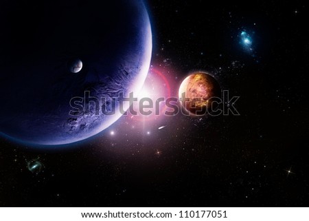 Planets in space against bright star.
