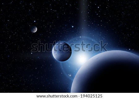 Planets against sunrise in deep outer space