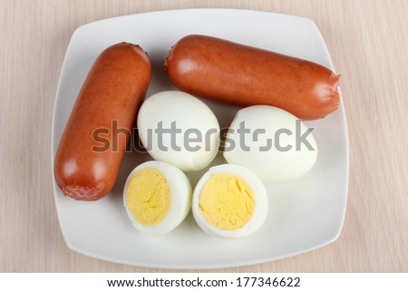 Fried eggs and sausage on a white porcelain plate