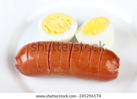 Fried eggs and sausage on a white porcelain plate
