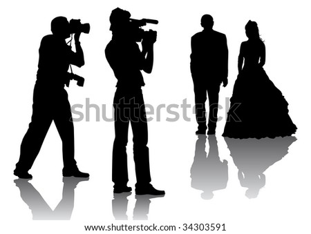 stock photo drawing of photographers at a wedding Silhouettes on a white 