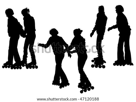 drawing women athletes on skates. Silhouette on white background