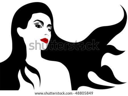 stock vector : Vector drawing faces of a young girl with long hair