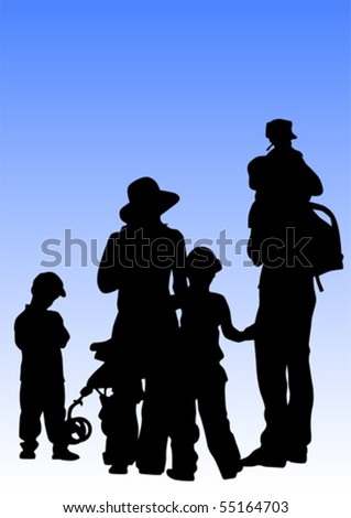 Vector drawing parents and children. Silhouettes of people on blue sky