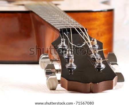 Color photo of acoustic guitar tuners close-up
