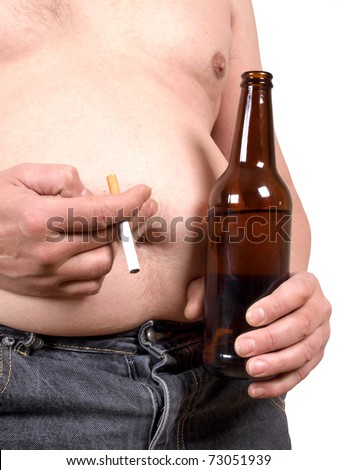 Color photo of a fat man with a beer and a cigarette