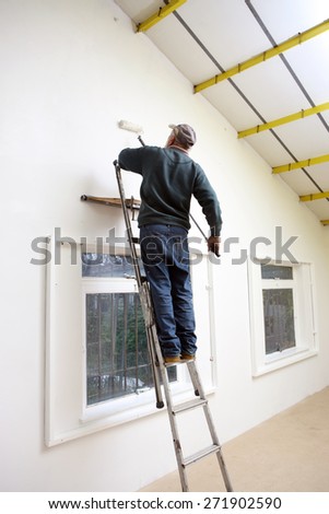 Man on a ladder painting a wall