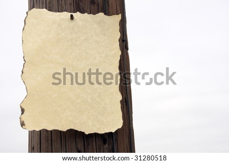 A blank piece of old paper burned on the edges against a telephone poll in the horizontal format with copy space.